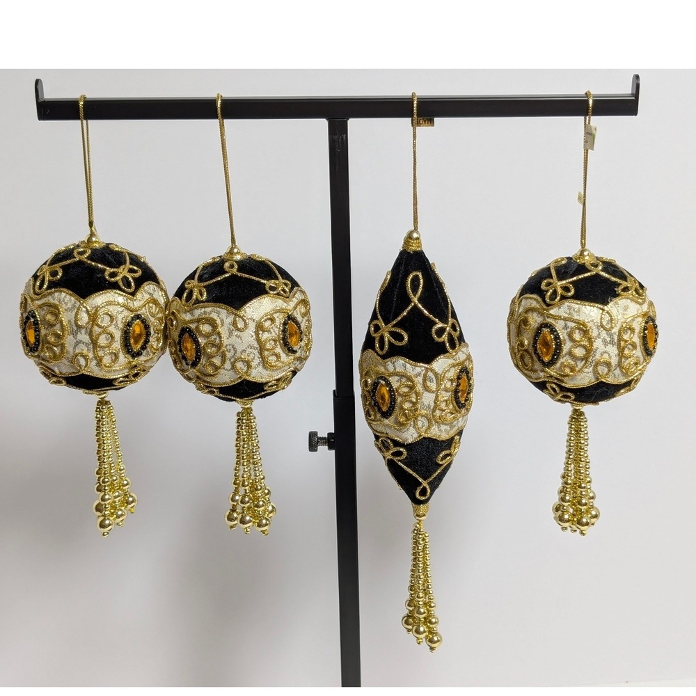 Set of 4 Vintage Black Velvet and Gold Brocade Christmas Ornaments Tassel Gem